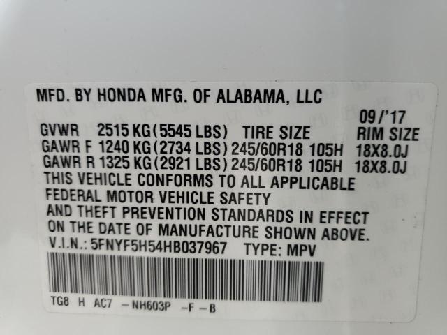 5FNYF5H54HB037967 Honda PILOT EXL