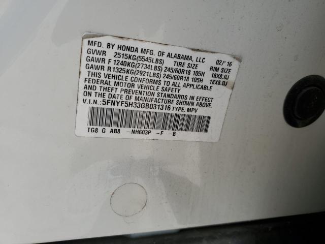 5FNYF5H33GB031316 Honda Pilot Ex