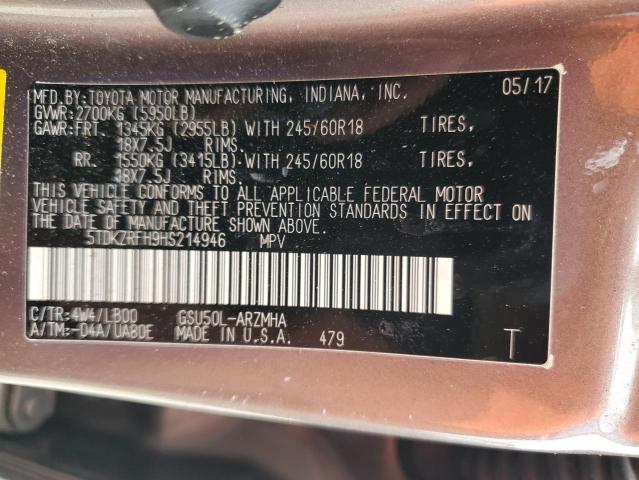 5TDKZRFH9HS214946 Toyota Highlander Se
