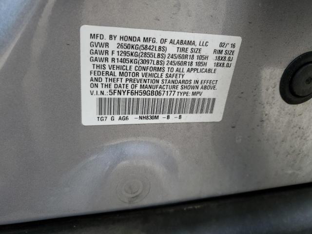 5FNYF6H59GB067177 Honda PILOT EXL