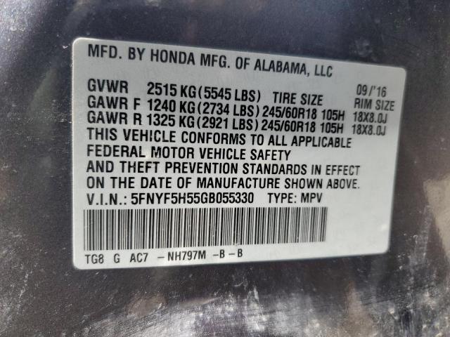 5FNYF5H55GB055330 Honda PILOT EXL