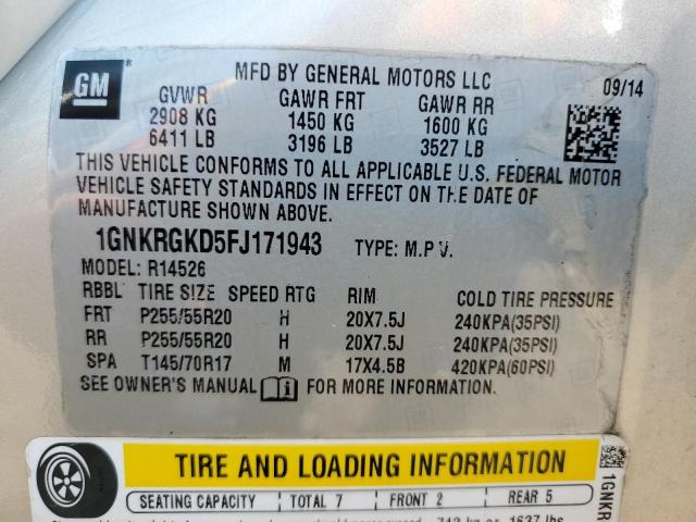 1GNKRGKD5FJ171943 Chevrolet Traverse Lt