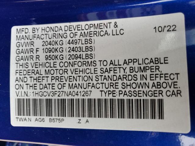 1HGCV3F27NA041267 Honda Accord Hybrid Sport