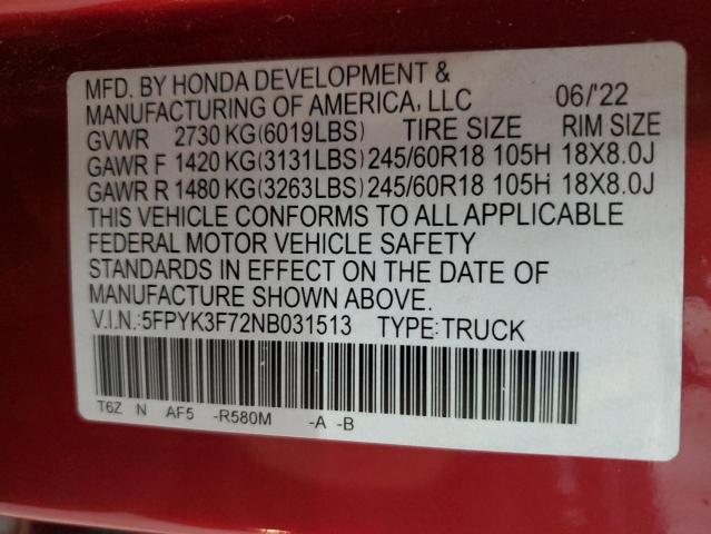 5FPYK3F72NB031513 Honda Ridgeline Rtl