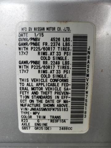 JN8AS5MVXFW755183 Nissan Rogue Select S