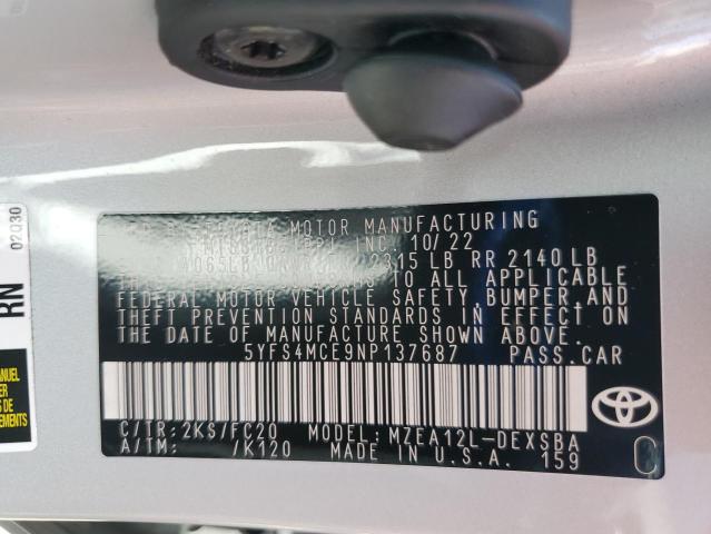 5YFS4MCE9NP137687 Toyota COROLLA SE