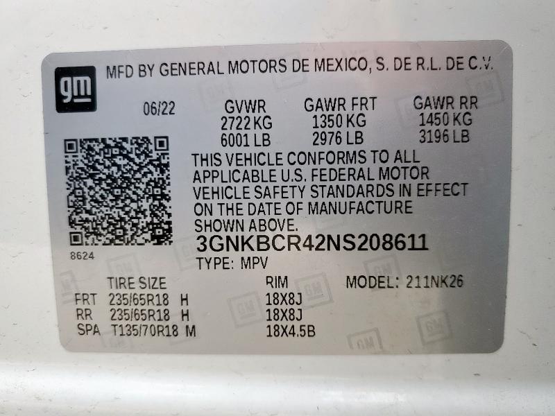 3GNKBCR42NS208611 Chevrolet BLAZER 2LT