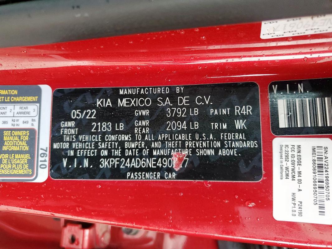 3KPF24AD6NE490617 KIA FORTE FE