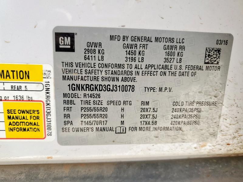 1GNKRGKD3GJ310078 Chevrolet llt - sidi, alum, 60 degrees