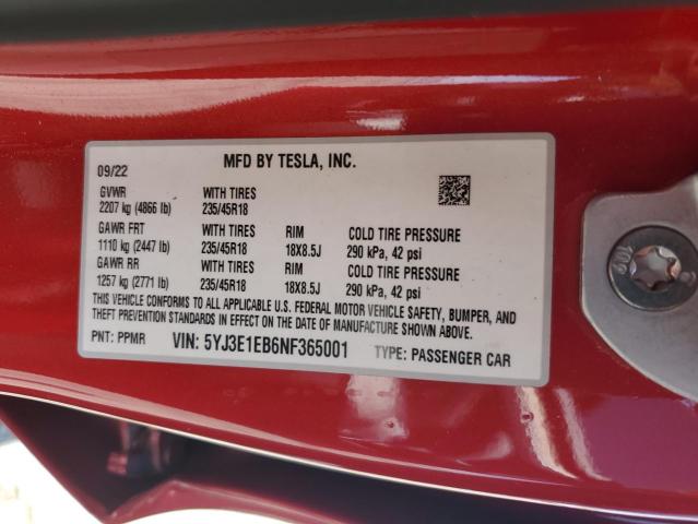 5YJ3E1EB6NF365001 Tesla 2022