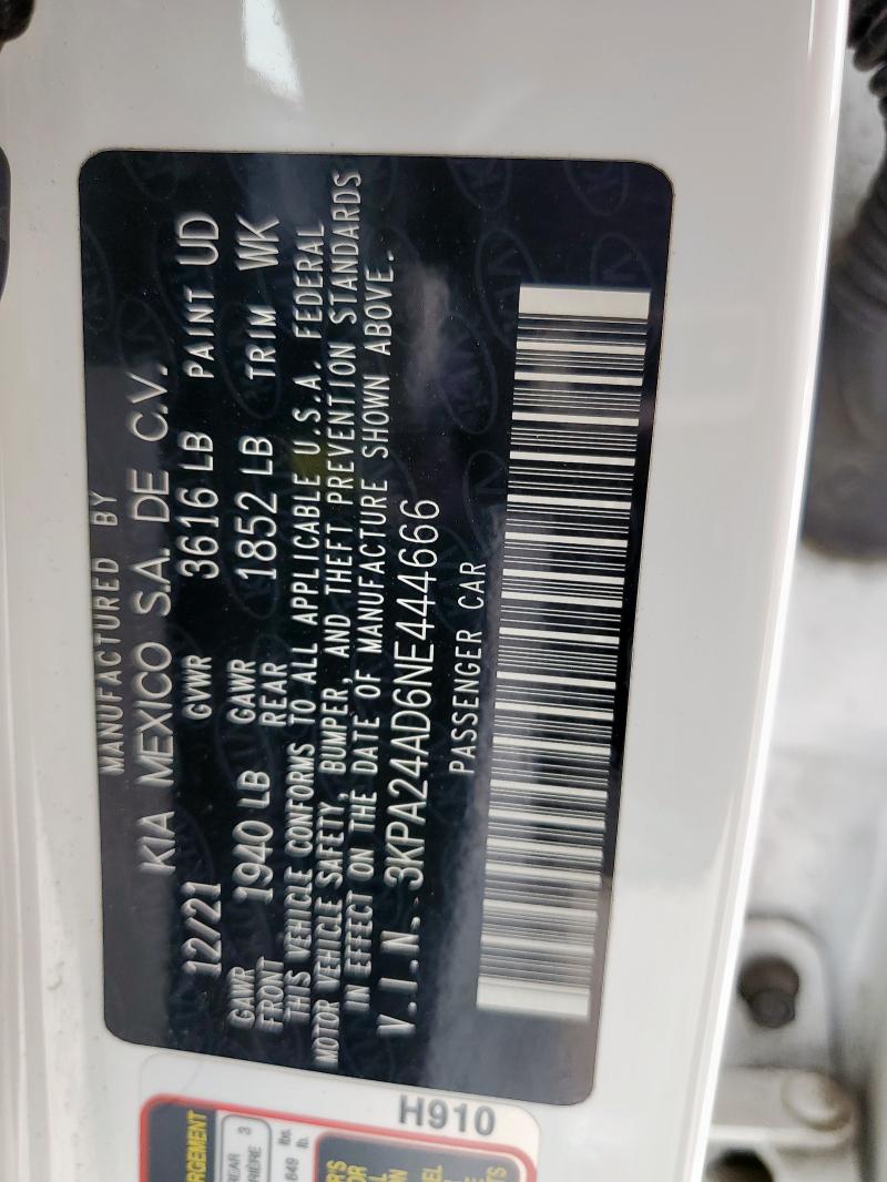 3KPA24AD6NE444666 KIA RIO LX