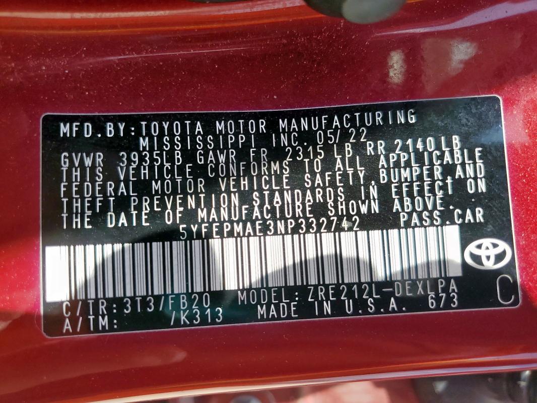 5YFEPMAE3NP332742 Toyota COROLLA LE