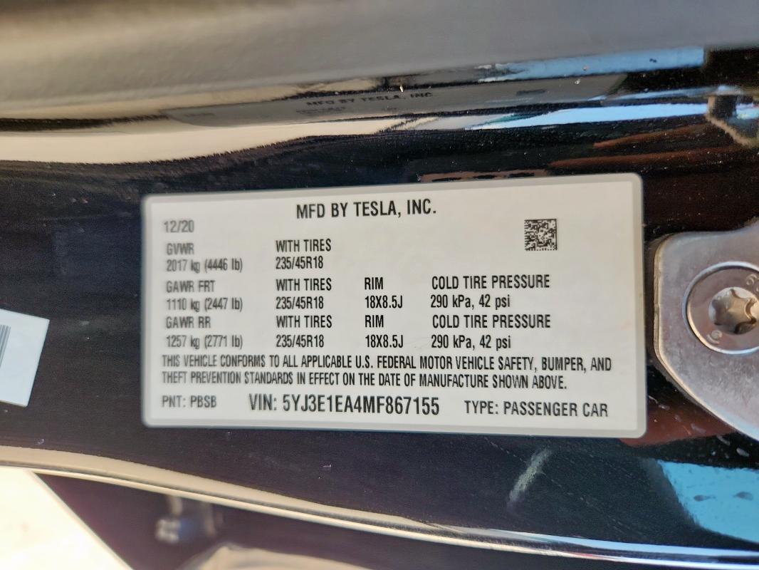 5YJ3E1EA4MF867155 Tesla MODEL 3