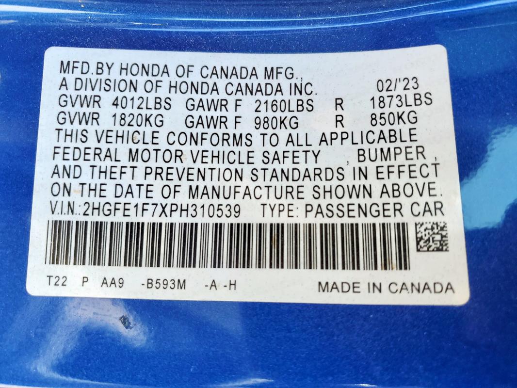 2HGFE1F7XPH310539 Honda l15b7