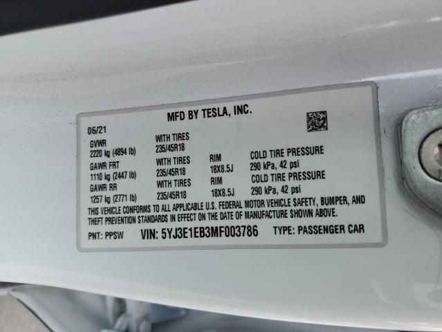 5YJ3E1EB3MF003786 Tesla MODEL 3