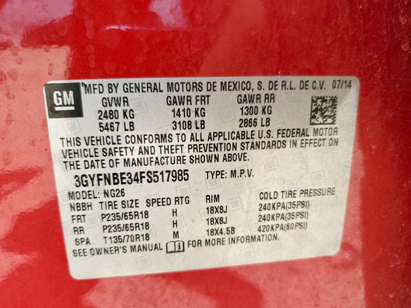 3GYFNBE34FS517985 Cadillac SRX LUXURY