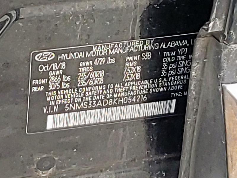 5NMS33AD8KH054216 Hyundai SANTA FE S