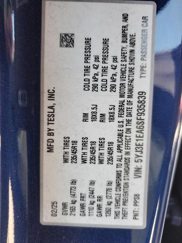5YJ3E1EA6SF935839 Tesla MODEL 3