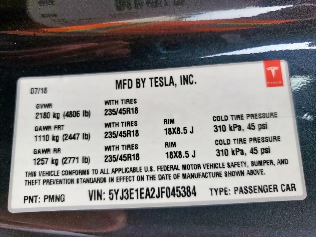 5YJ3E1EA2JF045384 Tesla MODEL 3
