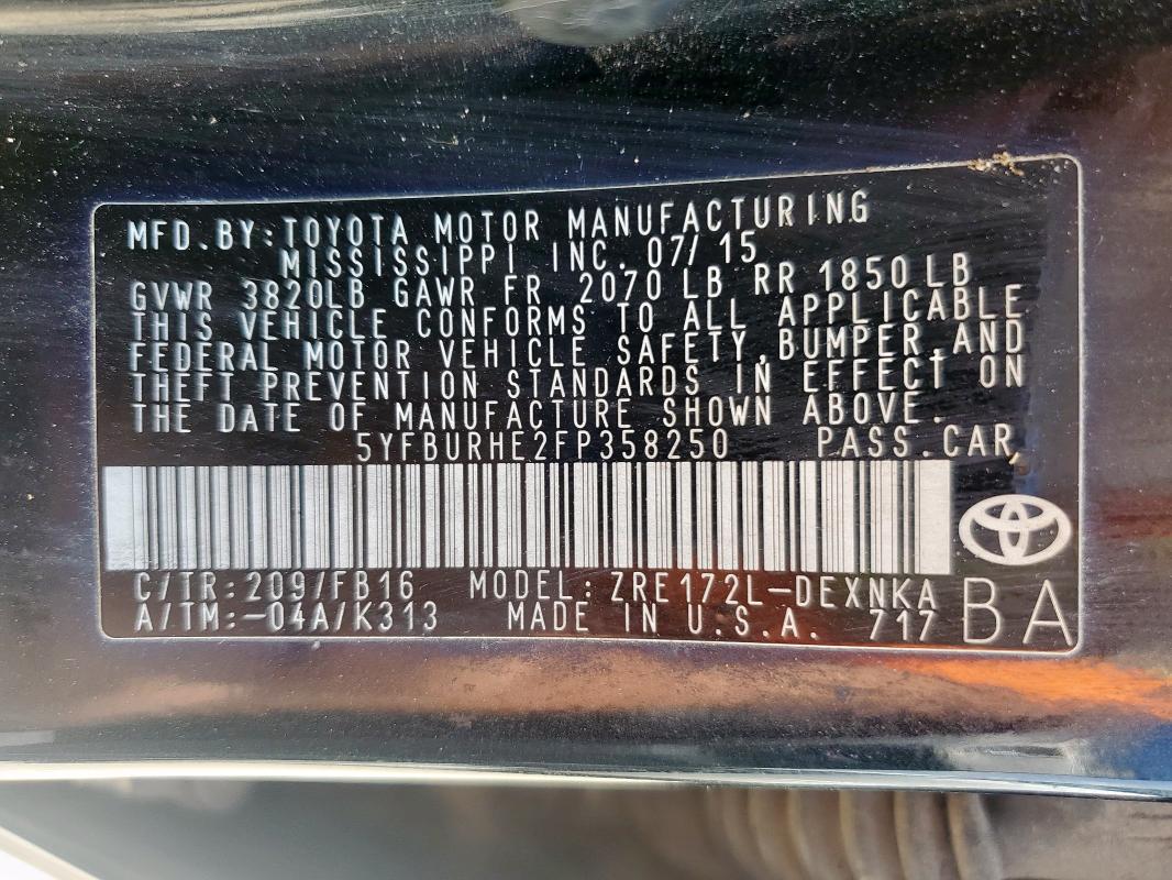 5YFBURHE2FP358250 Toyota COROLLA L