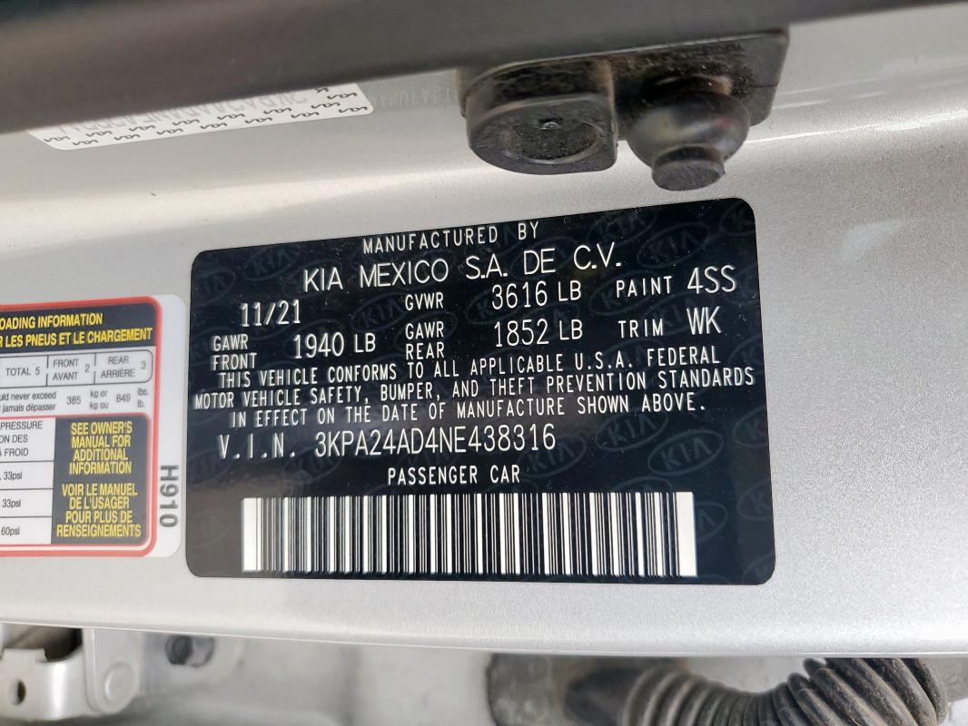3KPA24AD4NE438316 KIA RIO LX