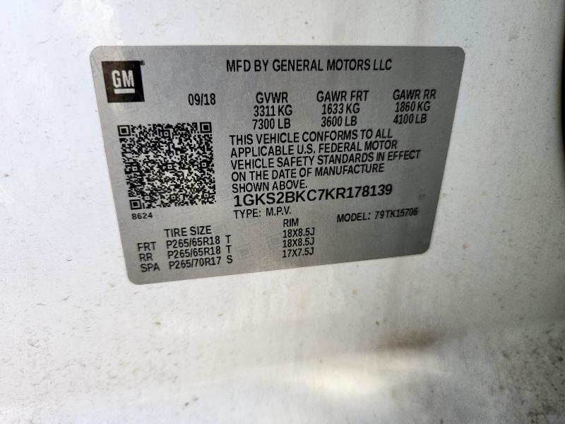 1GKS2BKC7KR178139 GMC YUKON SLT