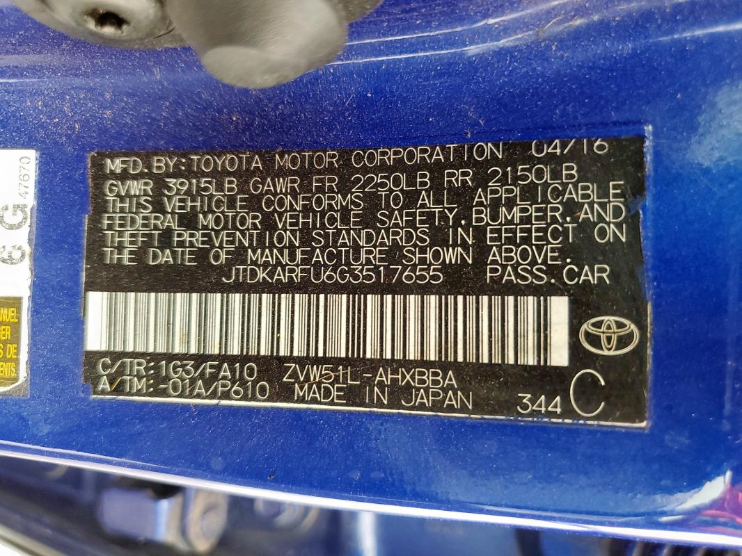 JTDKARFU6G3517655 Toyota 2zr-fxe,1nm