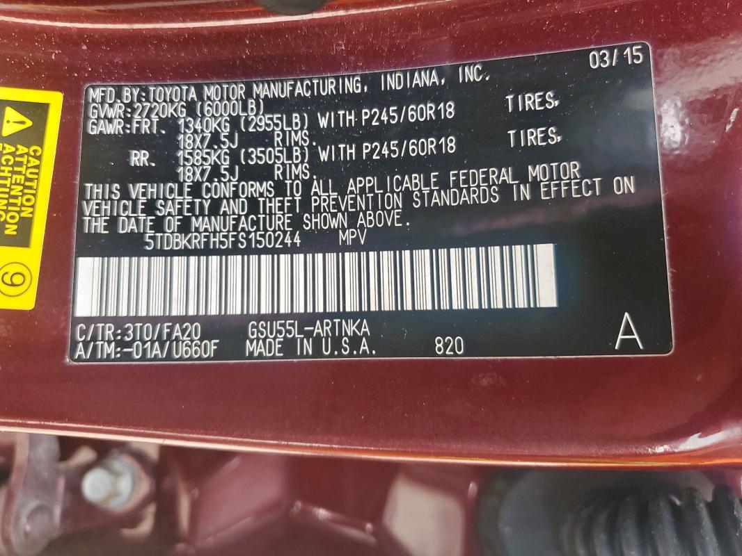 5TDBKRFH5FS150244 Toyota 2gr-fe