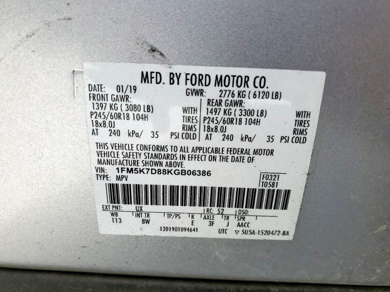 1FM5K7D88KGB06386 Ford EXPLORER X