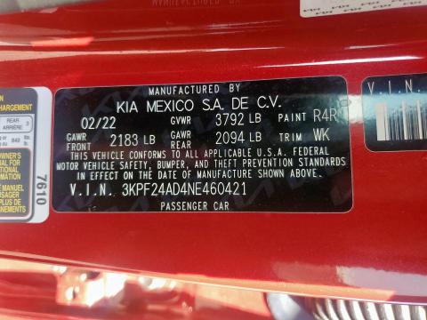 3KPF24AD4NE460421 KIA mpi nu