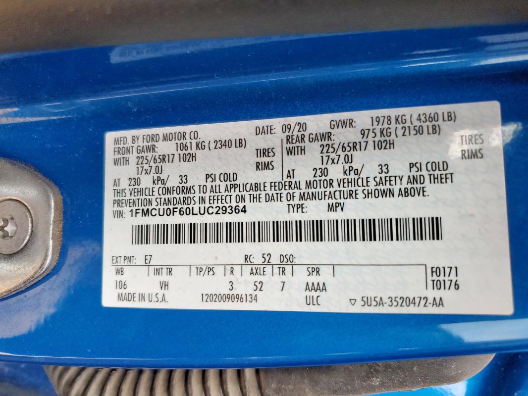 1FMCU0F60LUC29364 Ford ESCAPE S