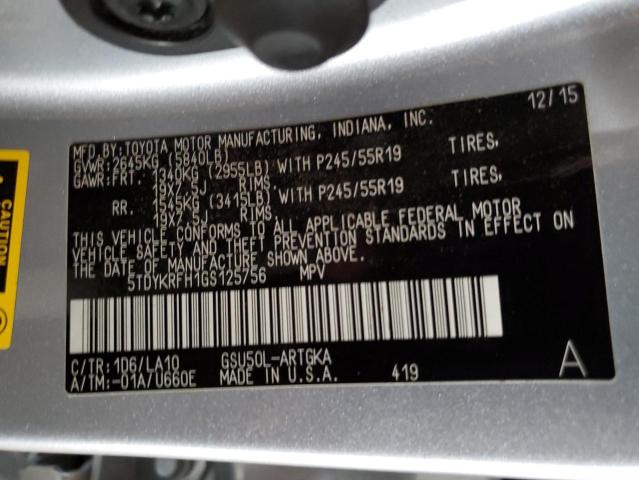 5TDYKRFH1GS125756 Toyota 2gr-fe