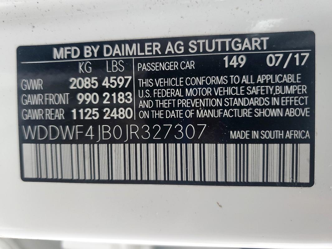 WDDWF4JB0JR327307 Mercedes-Benz C 300