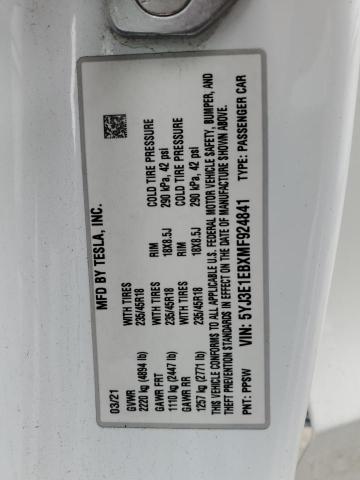 5YJ3E1EBXMF924841 Tesla 2021
