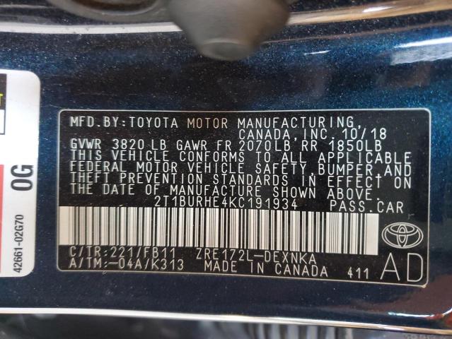 2T1BURHE4KC191934 Toyota 2zr-fe