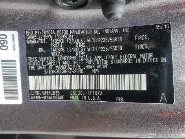 5TDYK3DC8GS749610 Toyota SIENNA XLE