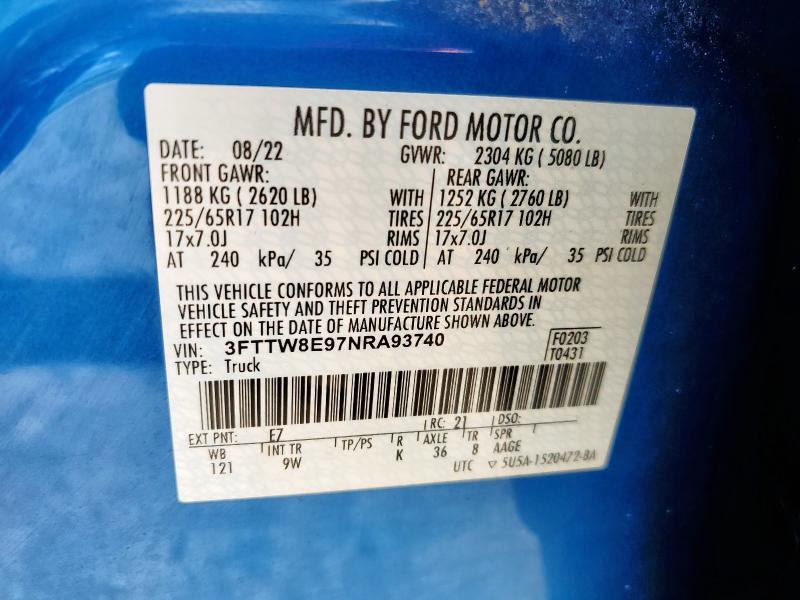 3FTTW8E97NRA93740 Ford MAVERICK X