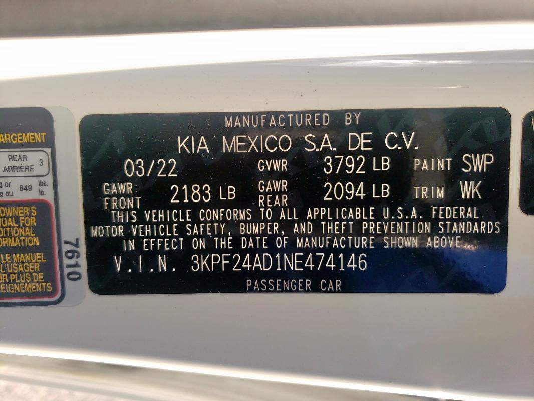 3KPF24AD1NE474146 KIA FORTE FE