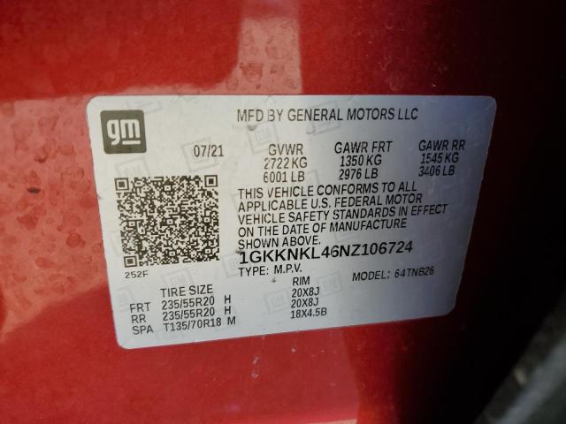 1GKKNKL46NZ106724 GMC ACADIA SLE