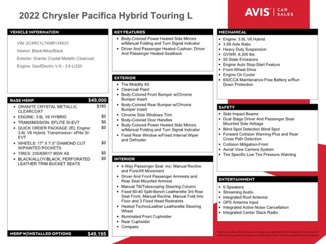 2C4RC1L7XNR134833 Chrysler Pacifica Hybrid Touring L