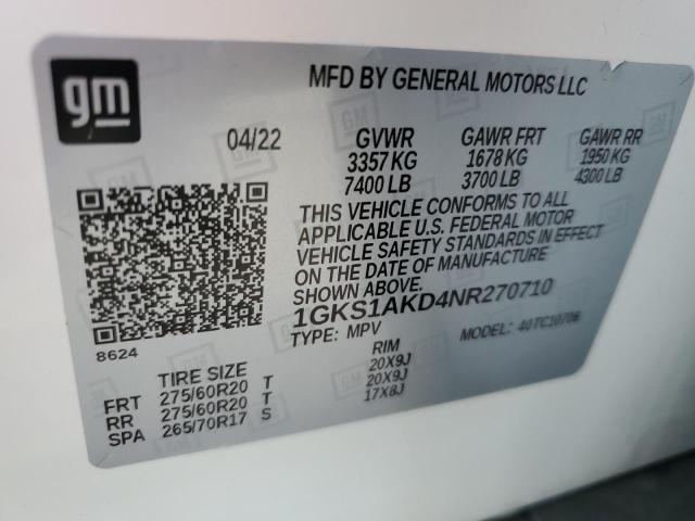 1GKS1AKD4NR270710 GMC YUKON SLE