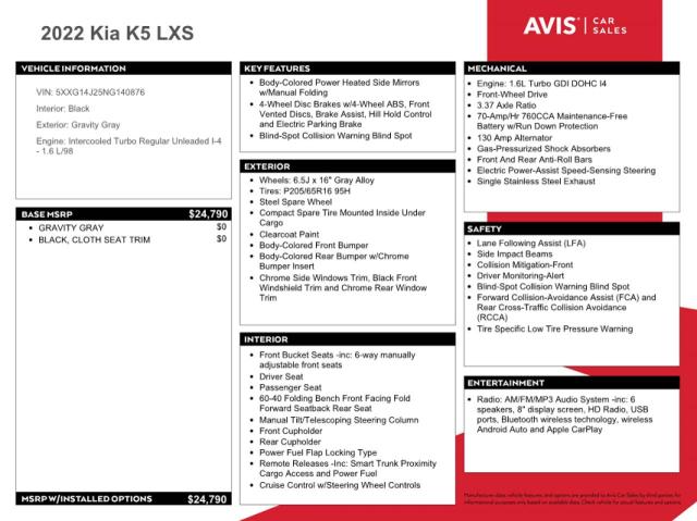 5XXG14J25NG140876 KIA K5 LXS