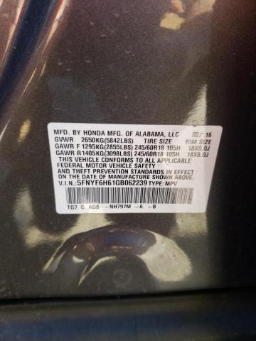 5FNYF6H61GB062239 Honda PILOT EXL