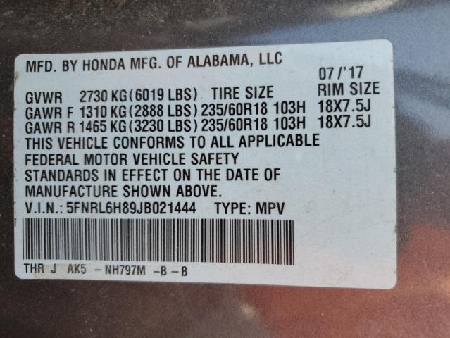 5FNRL6H89JB021444 Honda Odyssey Touring