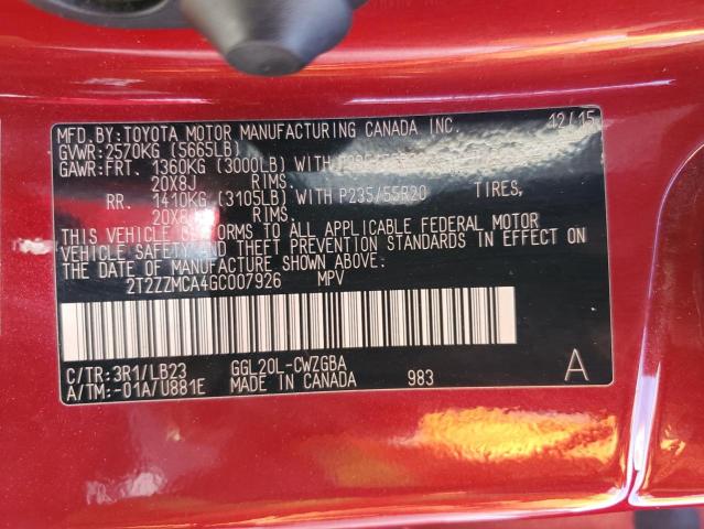 2T2ZZMCA4GC007926 Lexus RX 350