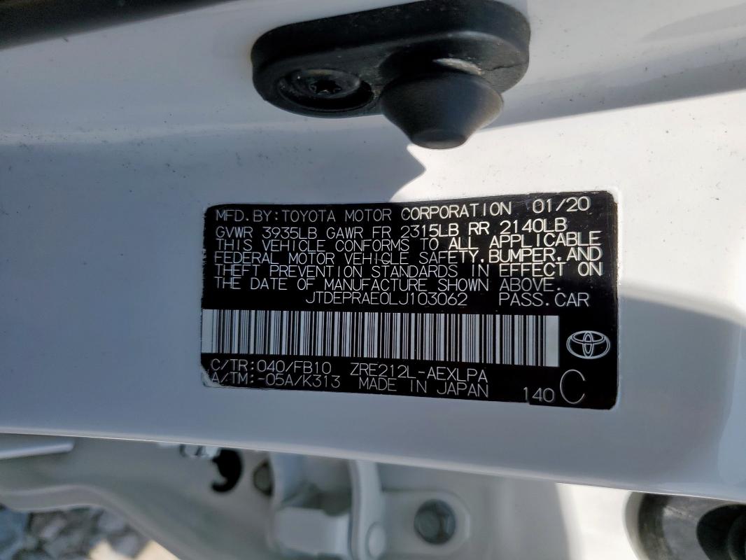 JTDEPRAE0LJ103062 Toyota COROLLA LE
