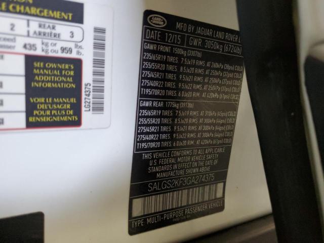 SALGS2KF3GA274375 Land Rover RANGE ROVE