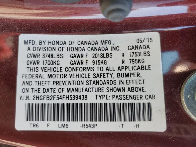 2HGFB2F54FH539438 Honda r18z1
