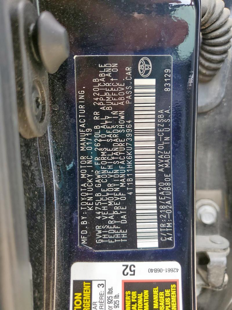 4T1B11HK6KU739964 Toyota CAMRY L