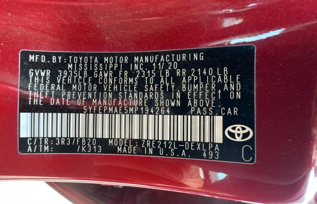 5YFEPMAE5MP194264 Toyota COROLLA LE